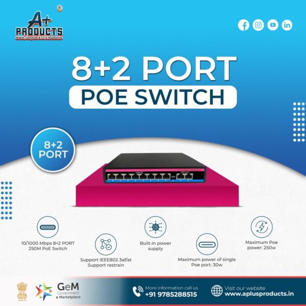 A+ PRODUCTS POE Switch 8 Port 10/100 POE + 2 UPLINK 10/100 96 WAT