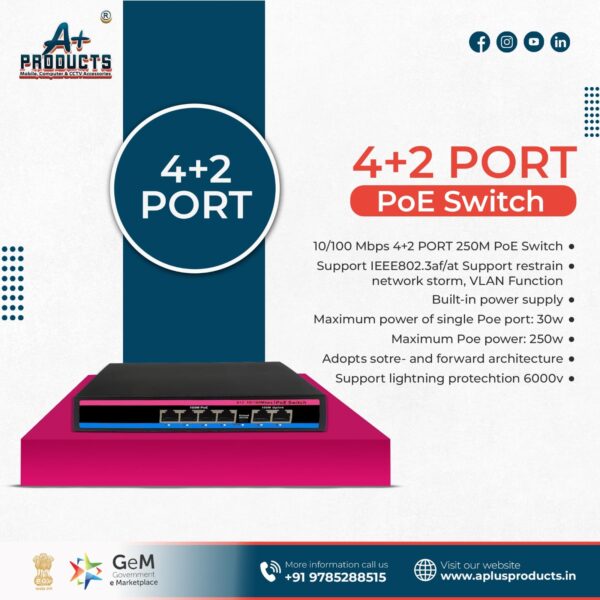 A+ PRODUCTS POE Switch 4 Port 10/100 POE + 2 UPLINK 10/100 66 WAT