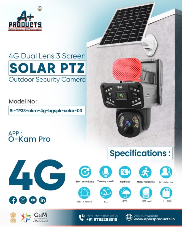 A+Products 2MP + 2MP 4G Dual Lens 3 Screen Solar PTZ Night Color Camera With Two Way Talk